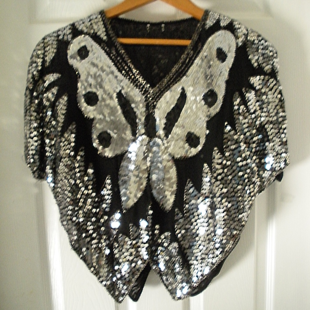 Women's Black/Silver Sequin Butterfly Evening Top